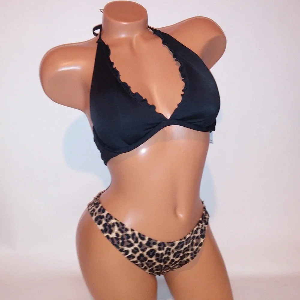 Victoria Secret Swim Bikini 36B Top Medium Brazilian Bottom Black Leopard Ruffle